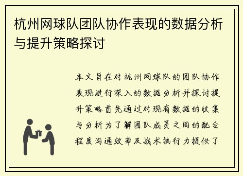 杭州网球队团队协作表现的数据分析与提升策略探讨